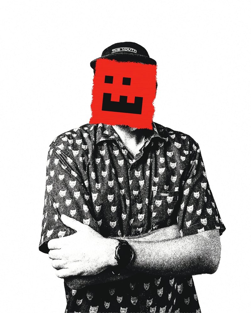 Bueno with arms crossed and a red block over his face, drawn with a toothy grin